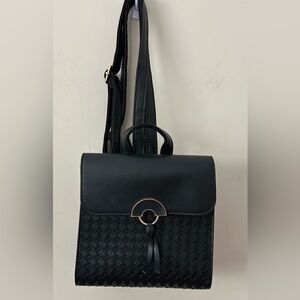 Black Woven PU Leather Mini Convertible Backpack With Gold Hardware‎
